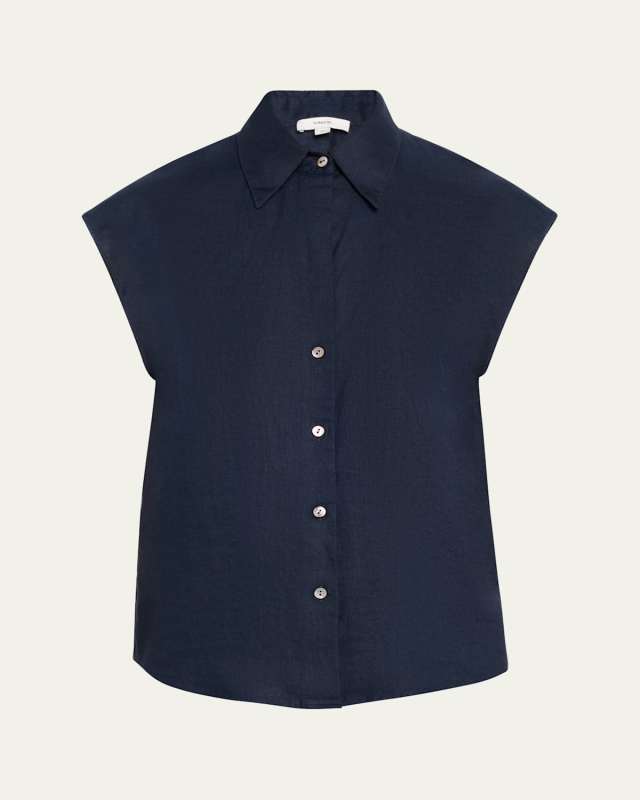 Cap-Sleeve Linen Button-Front Blous